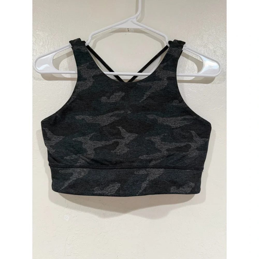 Vuori Elevate Bra Womens Small Charcoal Camo High Neck Strappy Back Sports Top